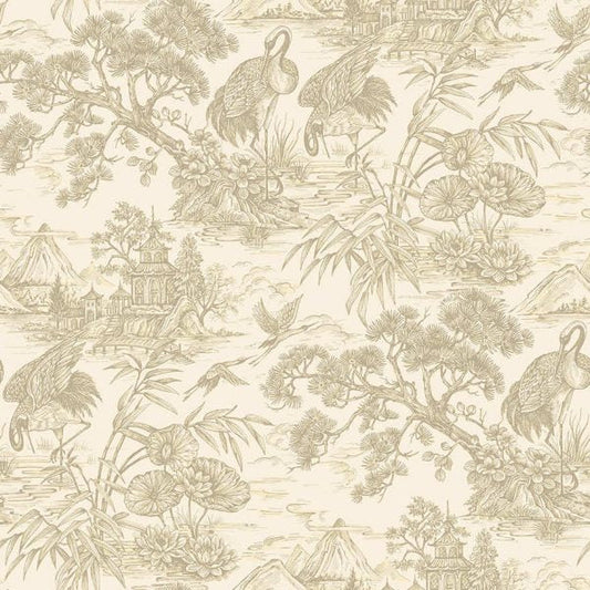 Natoru - Japanese Metallic Cranes Wallpaper - Cream/Gold
