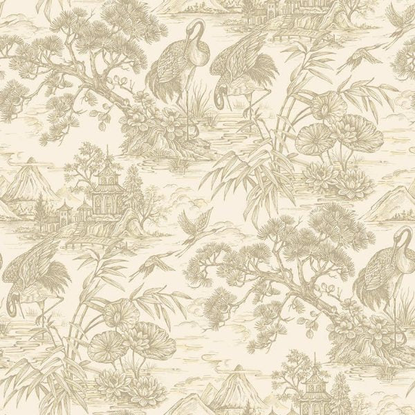 Natoru - Japanese Metallic Cranes Wallpaper - Cream/Gold