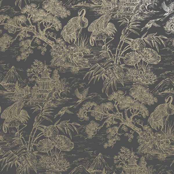 Natoru - Japanese Metallic Cranes Wallpaper - Charcoal/Gold