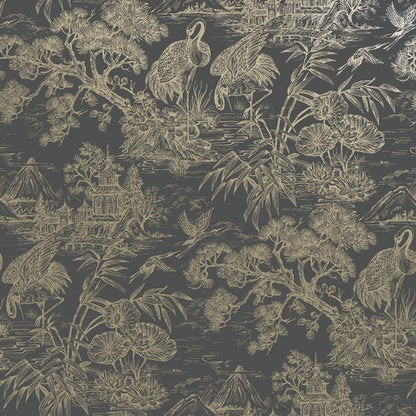 Natoru - Japanese Metallic Cranes Wallpaper - Charcoal/Gold
