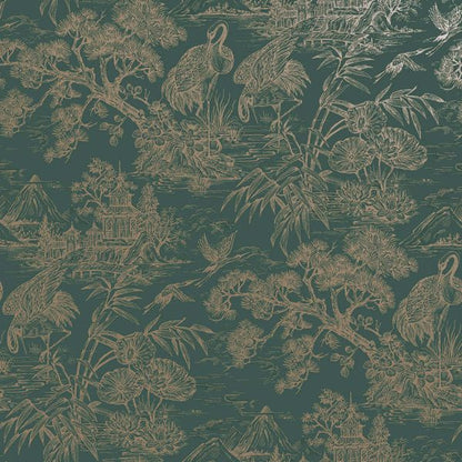 Natoru - Japanese Metallic Cranes Wallpaper - Green/Gold