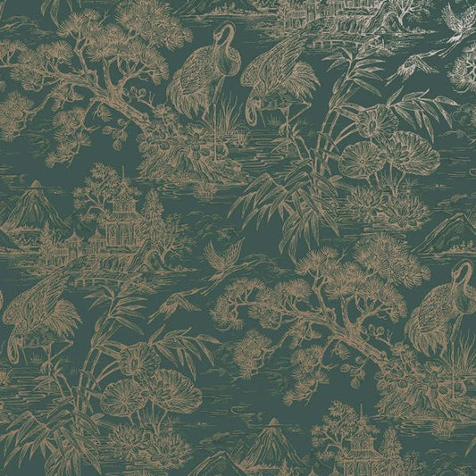 Natoru - Japanese Metallic Cranes Wallpaper - Green/Gold
