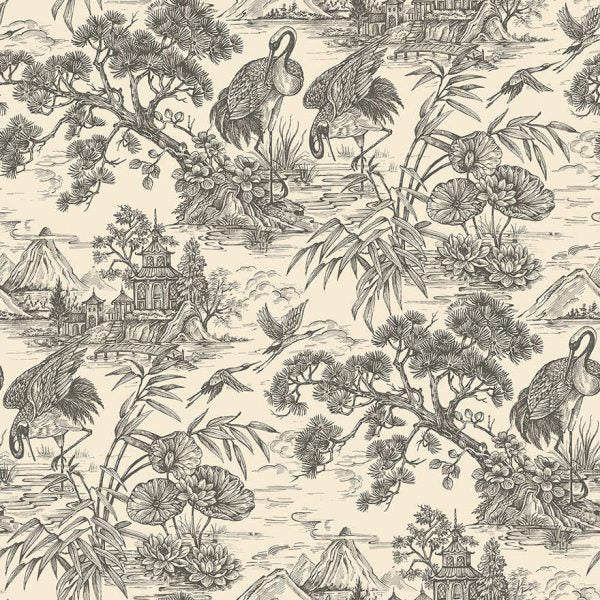 Natoru - Japanese Metallic Cranes Wallpaper - Cream/Charcoal