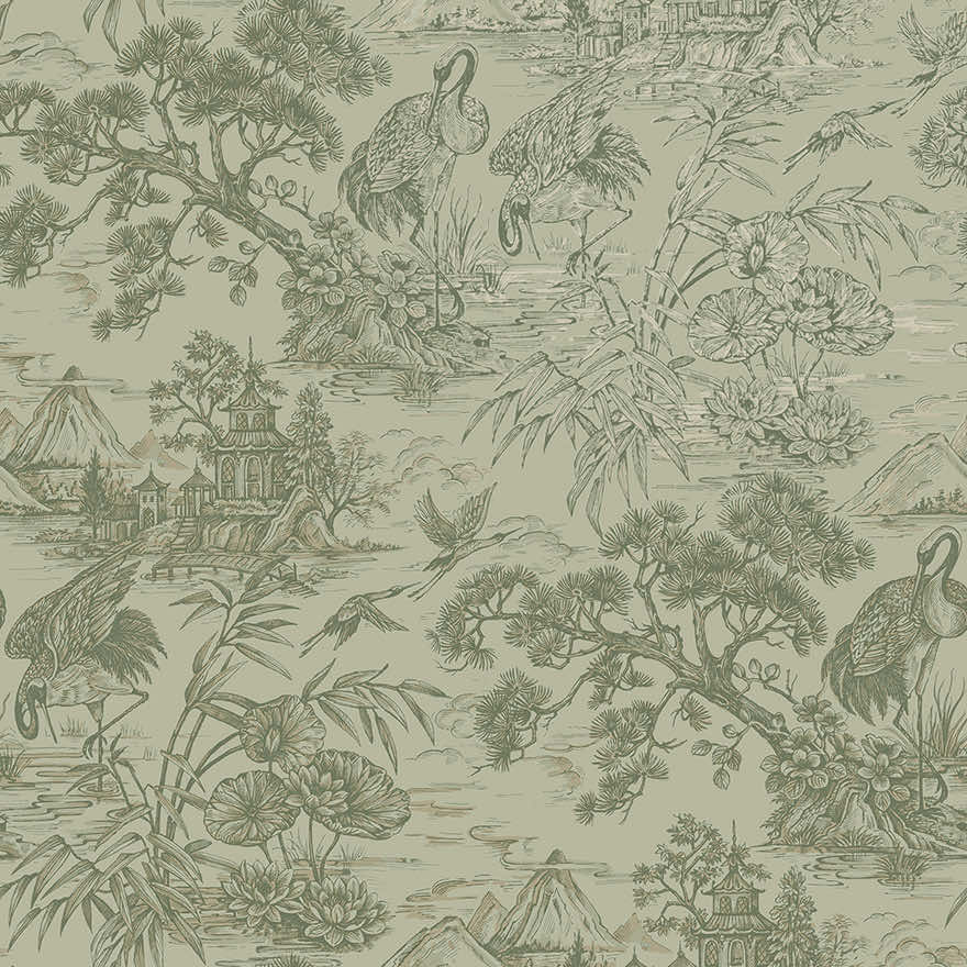 Natoru - Japanese Metallic Cranes Wallpaper - Sage