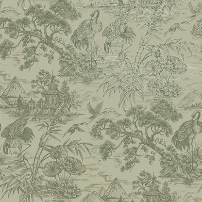 Natoru - Japanese Metallic Cranes Wallpaper - Sage