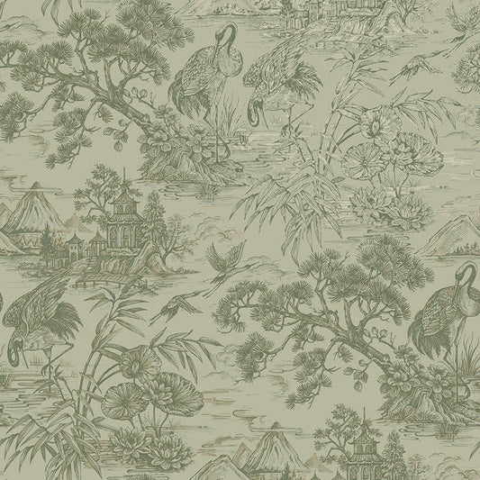 Natoru - Japanese Metallic Cranes Wallpaper - Sage