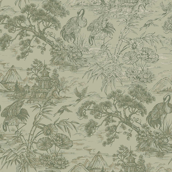 Sample - Natoru - Japanese Metallic Cranes Wallpaper - Sage
