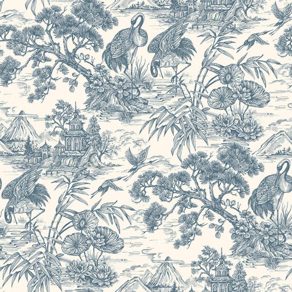 Natoru - Japanese Metallic Cranes Wallpaper - Navy/Cream