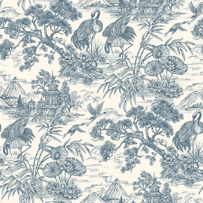 Natoru - Japanese Metallic Cranes Wallpaper - Navy/Cream