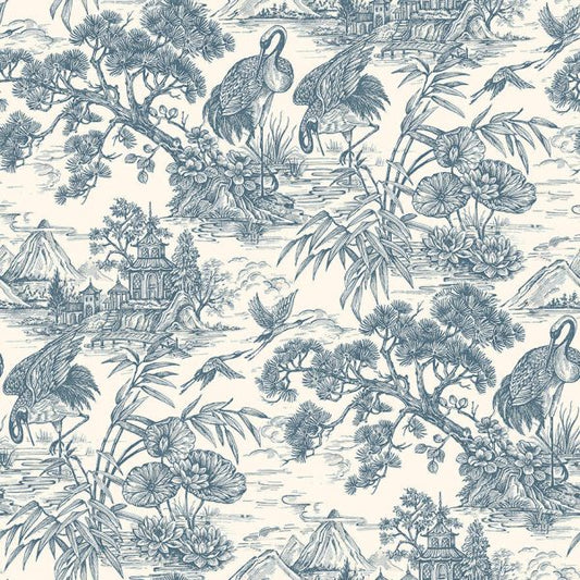 Natoru - Japanese Metallic Cranes Wallpaper - Navy/Cream