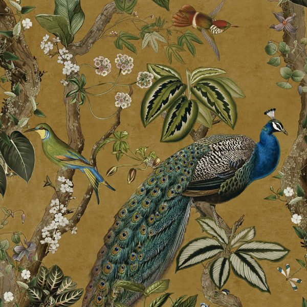 Cassia - Exotic Peacock Wallpaper - Ochre