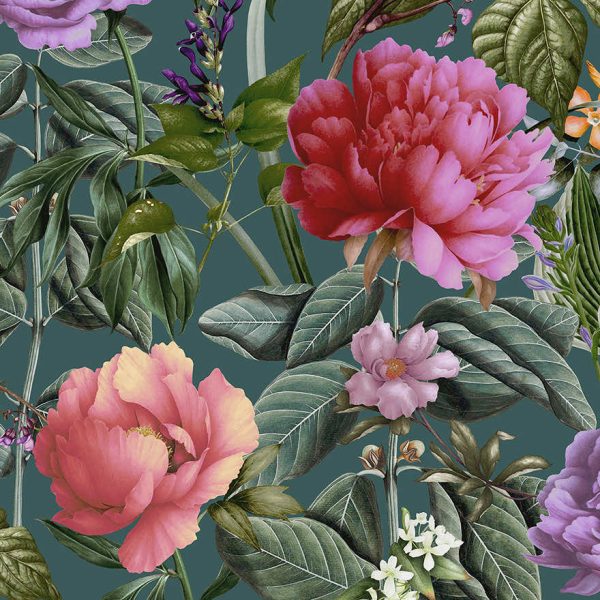Aqua botanicus blossoms wallpaper with oversized peony and lisianthus blooms — flat pattern detail