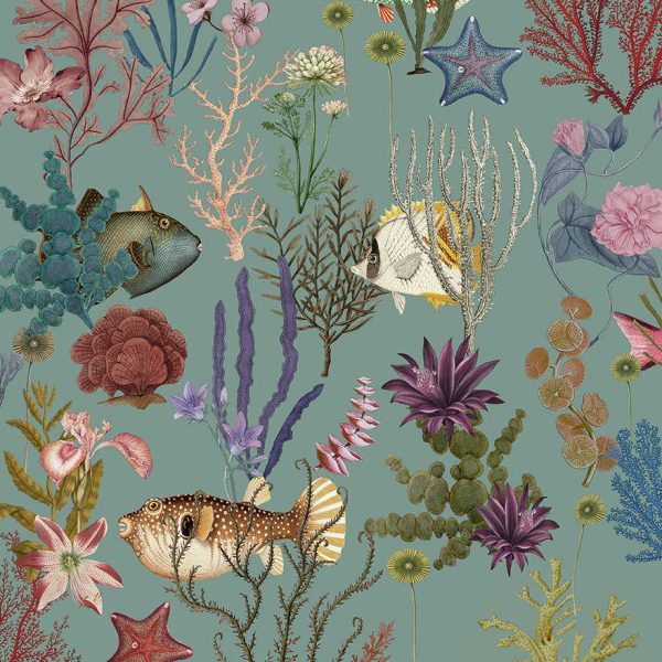 Cora - Fish and Coral Wallpaper - Soft Aqua