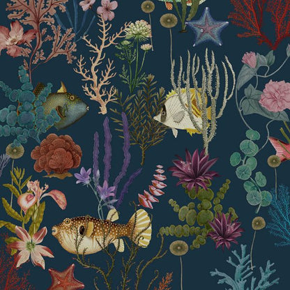Cora - Fish and Coral Wallpaper - Navy