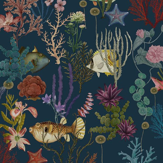Cora - Fish and Coral Wallpaper - Navy