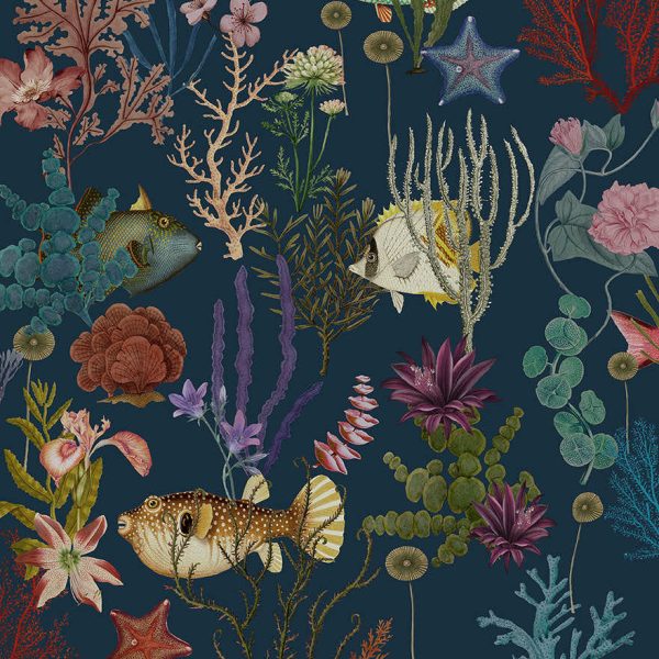 Cora - Fish and Coral Wallpaper - Navy