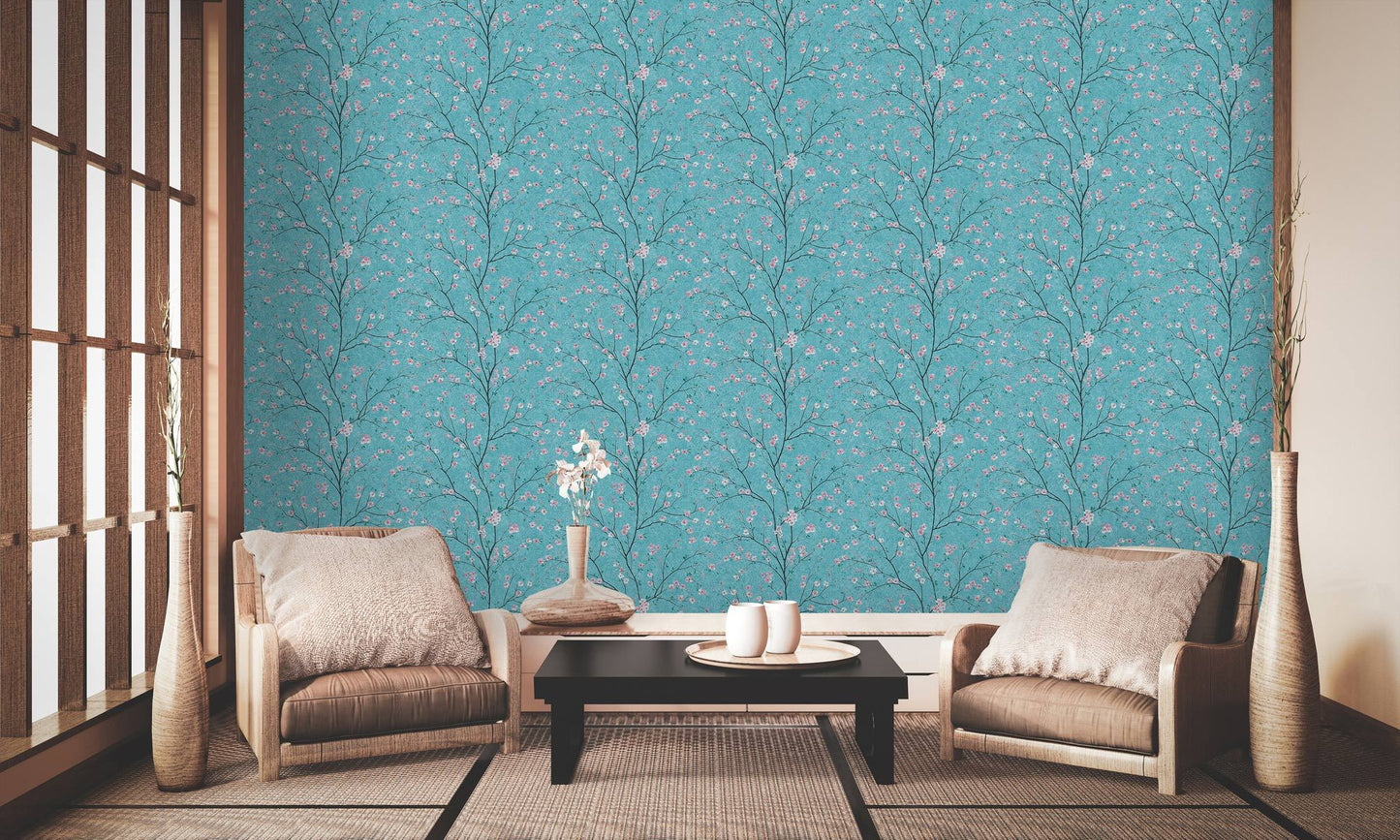 Tokyo Cherry Blossom Wallpaper - Turquoise