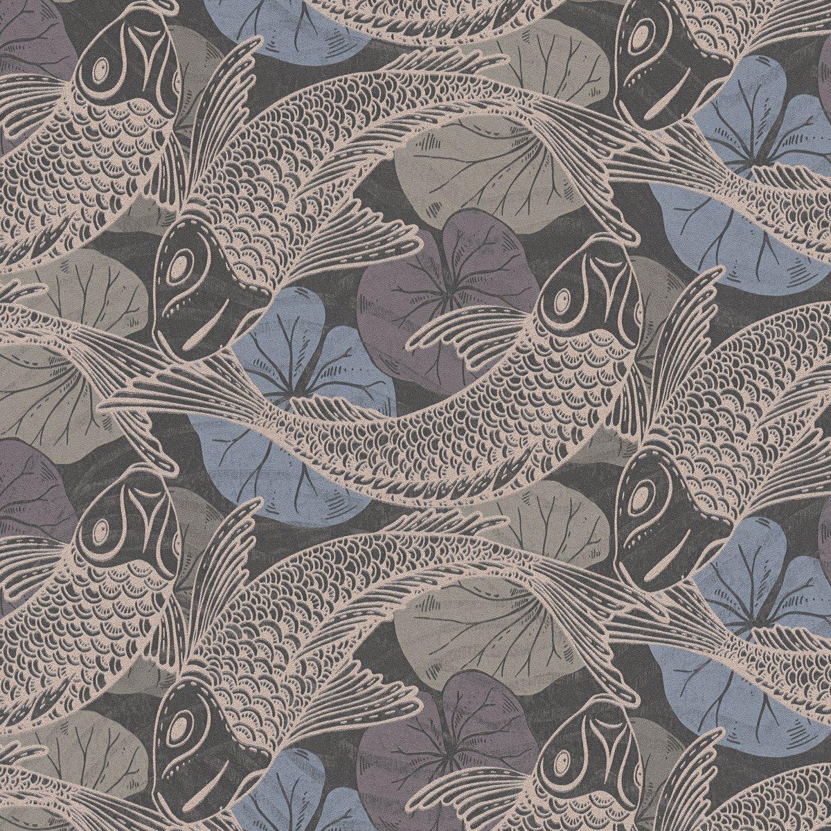 Sample - Tokyo Fish Bowl Wallpaper - Blue/Metallic/Black