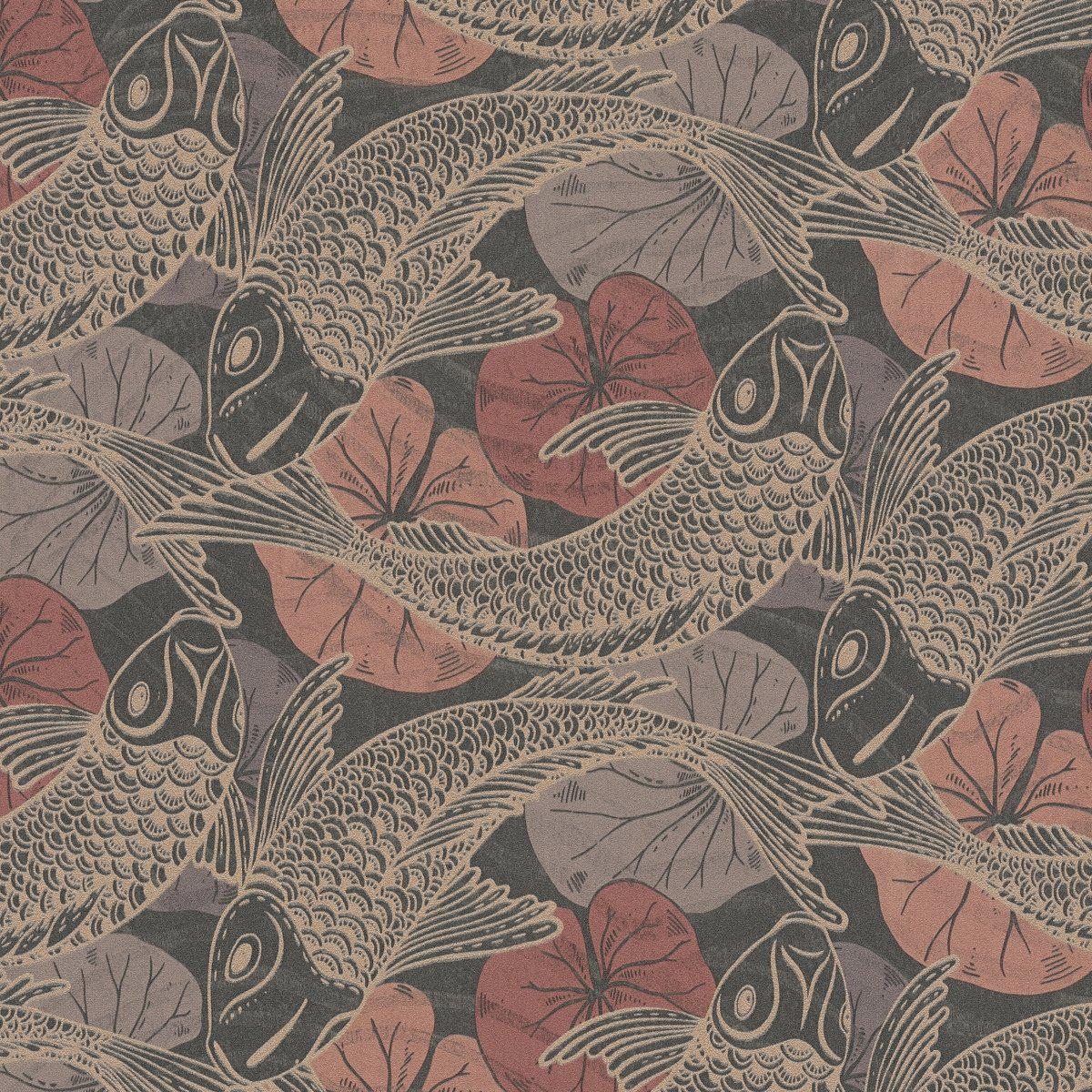 Sample - Tokyo Fish Bowl Wallpaper - Brown/Red/Black