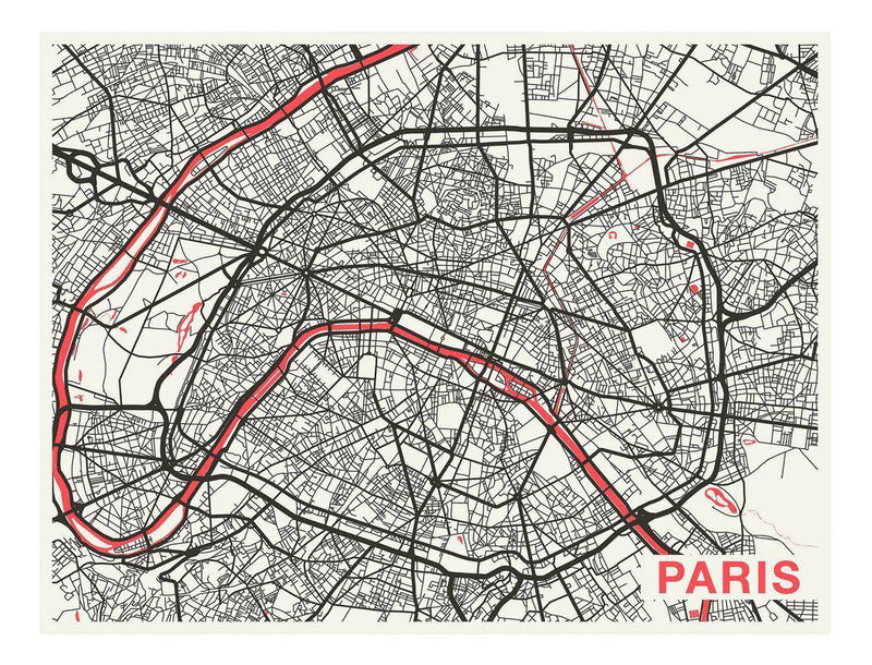 Paris City Art Map - Tomato - Custom Sized Wallpaper Mural (per m2)
