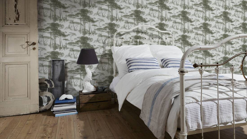 Tree Tops Wallpaper - Green/White
