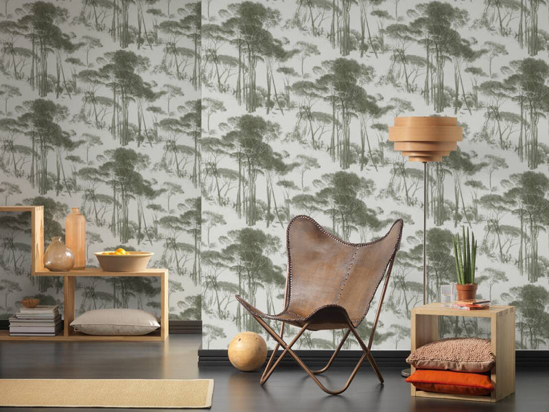 Tree Tops Wallpaper - Green/White