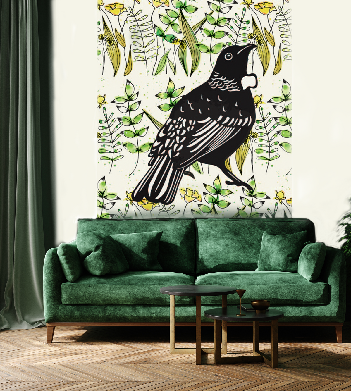 Sample – NZ Bird Series - Tui Meadow - Custom Sized Wallpaper Mural (per m2)