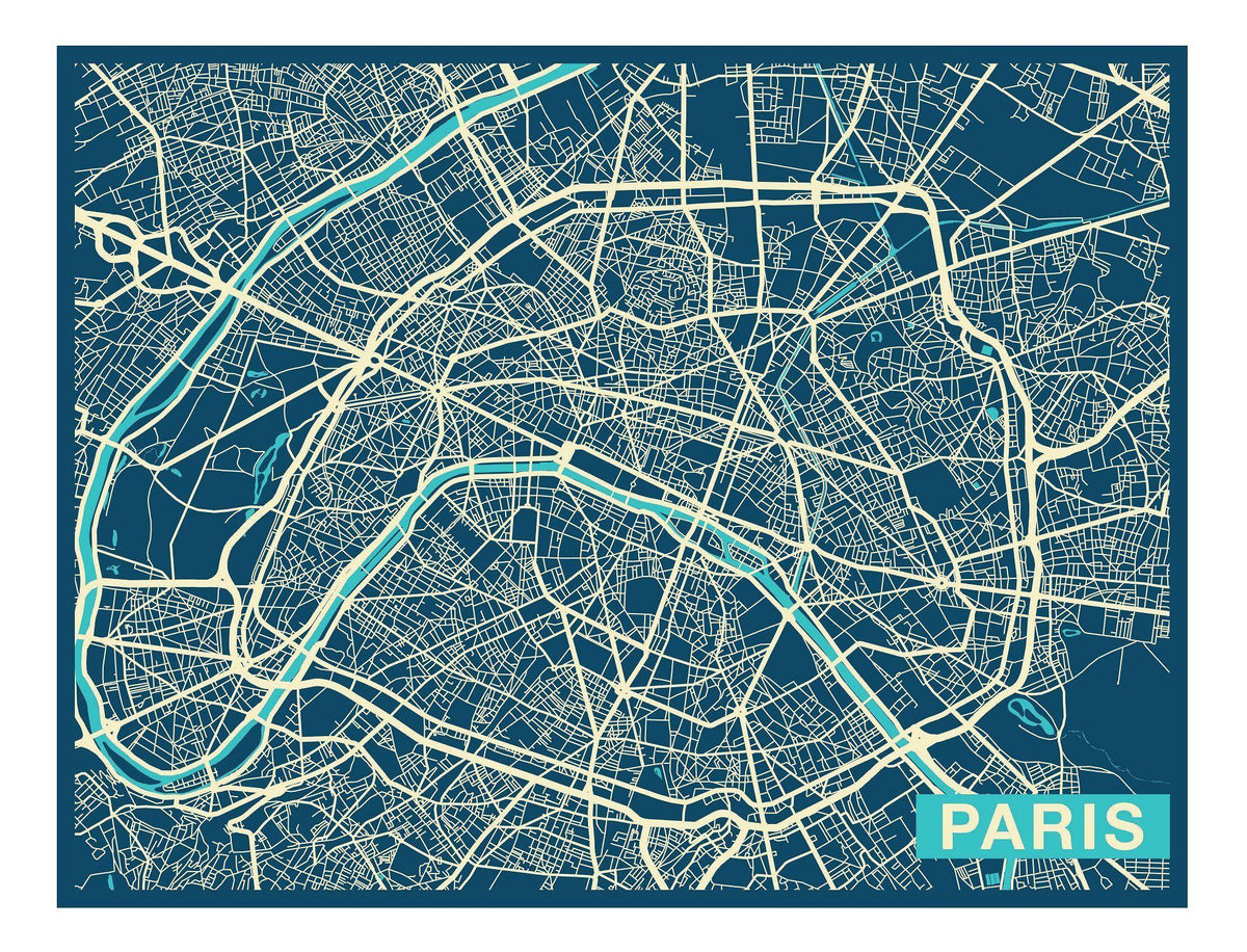 Paris City Art Map - Twilight - Custom Sized Wallpaper Mural (per m2)
