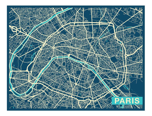 Paris City Art Map - Twilight - Custom Sized Wallpaper Mural (per m2)