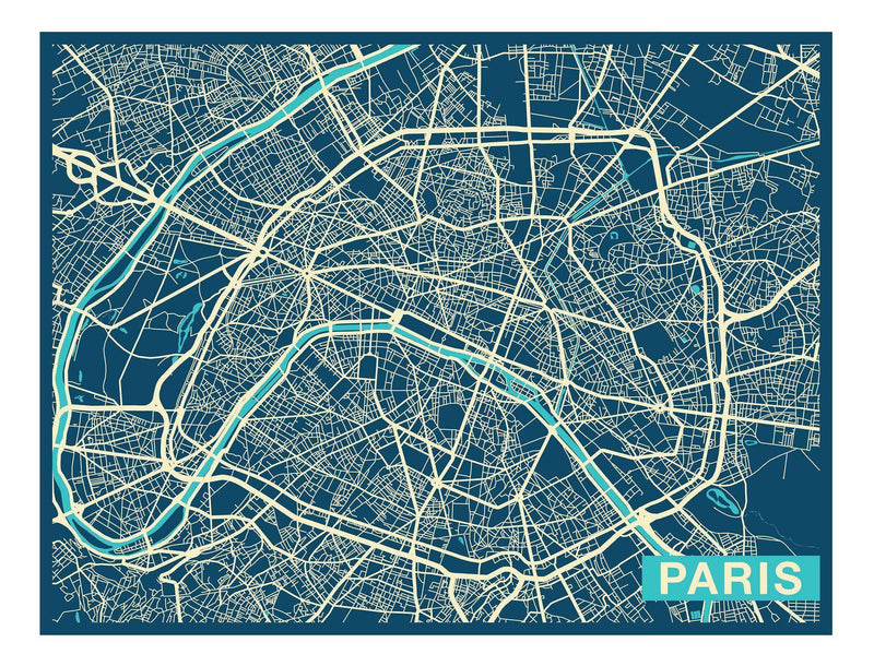 Paris City Art Map - Twilight - Custom Sized Wallpaper Mural (per m2)