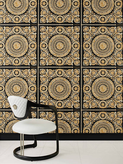Versace Crown Moulding Wallpaper - Black/Gold/Creme