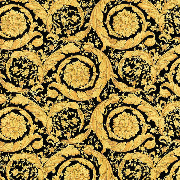 Sample - Versace Floral Garland 2 Wallpaper - Gold/Black