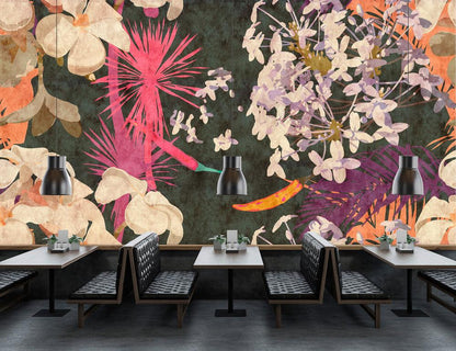 Vintage Bouquet - Custom Sized Wallpaper Mural (per m2) - Beige/Black/Purple