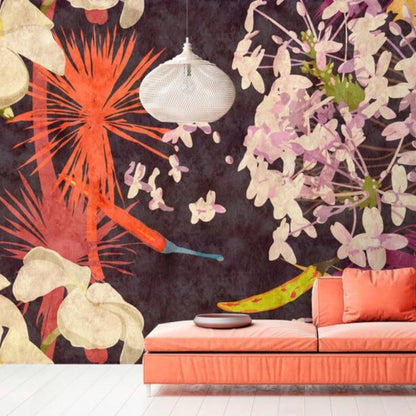 Vintage Bouquet - Custom Sized Wallpaper Mural (per m2) - Beige/Black/Orange/Red
