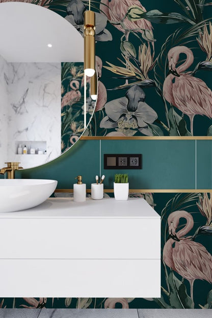 Tropical Shore Flamingo Hybrid Mural - Deep Green