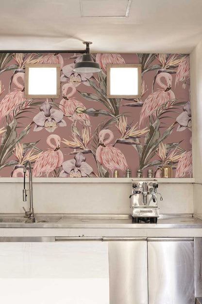 Tropical Shore Flamingo Hybrid Mural - Berry