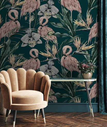 Tropical Shore Flamingo Hybrid Mural - Deep Green