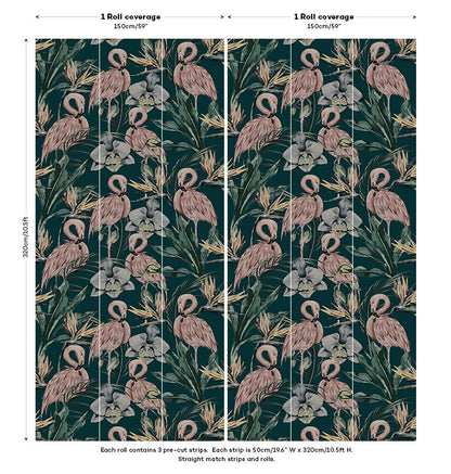 Tropical Shore Flamingo Hybrid Mural - Deep Green