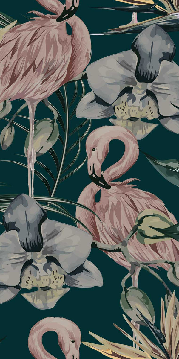 Sample - Tropical Shore Flamingo Hybrid Mural - Deep Green