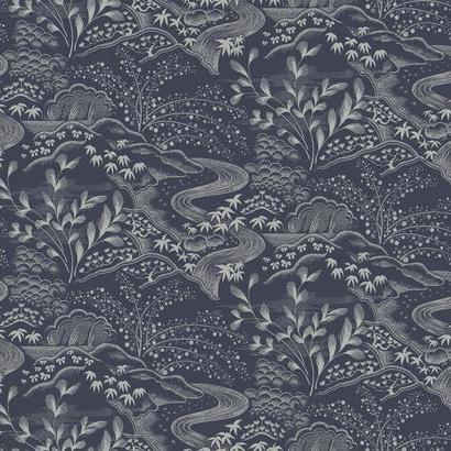 Sample – Waterfall Gardens Florence Broadhurst Wallpaper - Navy Blue