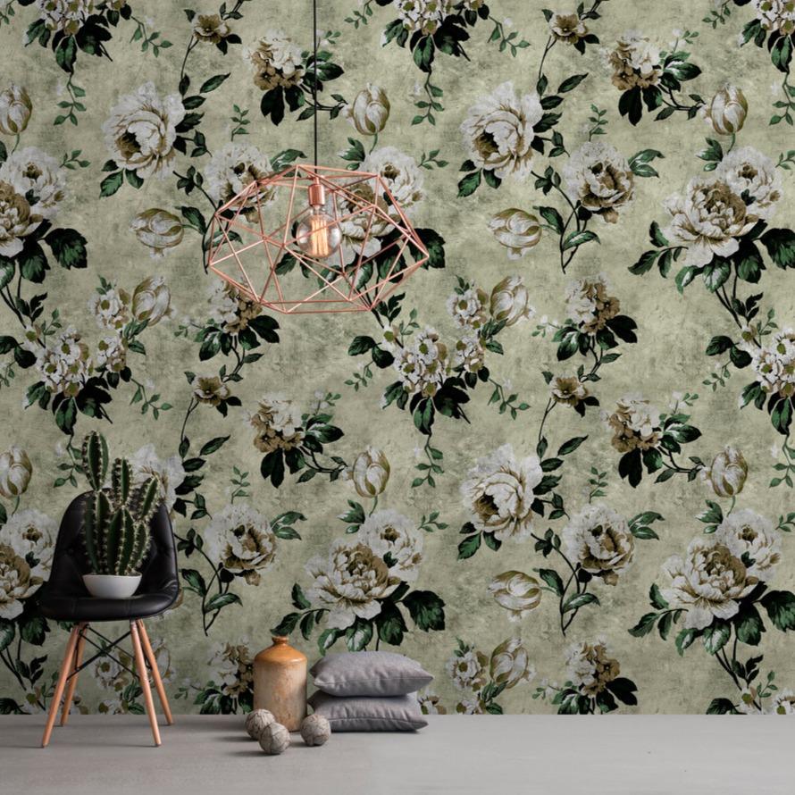 Wild Rose - Custom Sized Wallpaper Mural (per m2) - Green