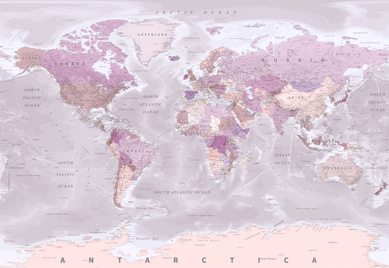 World Map - Pink - Custom Sized Wallpaper Mural (per m2)