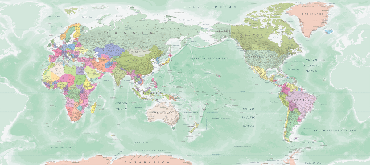 World Map NZ Centered - Green - Custom Sized Wallpaper Mural (per m2)