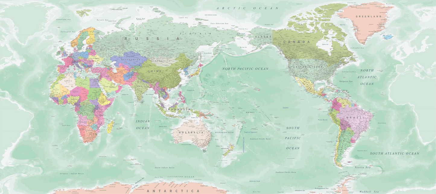 World Map NZ Centered - Green - Custom Sized Wallpaper Mural (per m2)