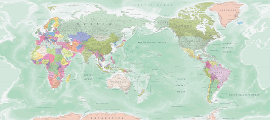 World Map NZ Centered - Green - Custom Sized Wallpaper Mural (per m2)