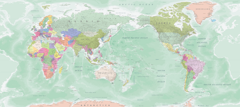 World Map NZ Centered - Green - Custom Sized Wallpaper Mural (per m2)