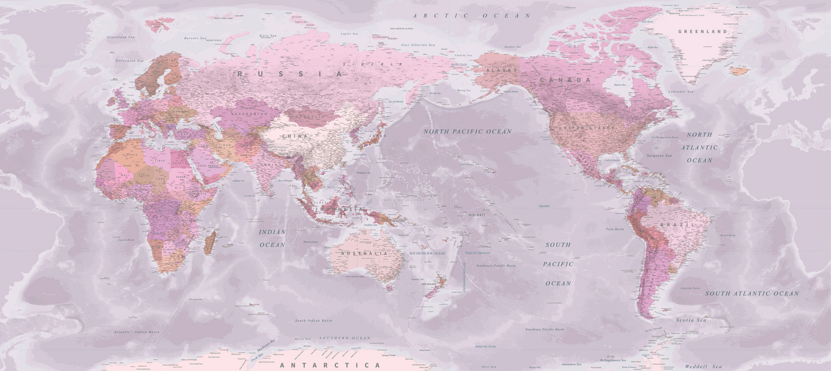 World Map NZ Centered - Pink - Custom Sized Wallpaper Mural