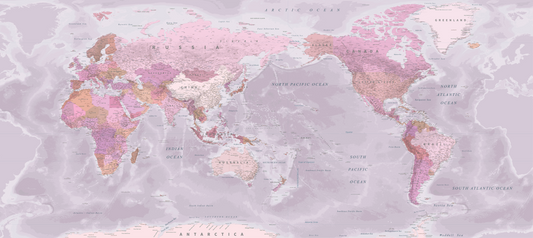 World Map NZ Centered - Pink - Custom Sized Wallpaper Mural