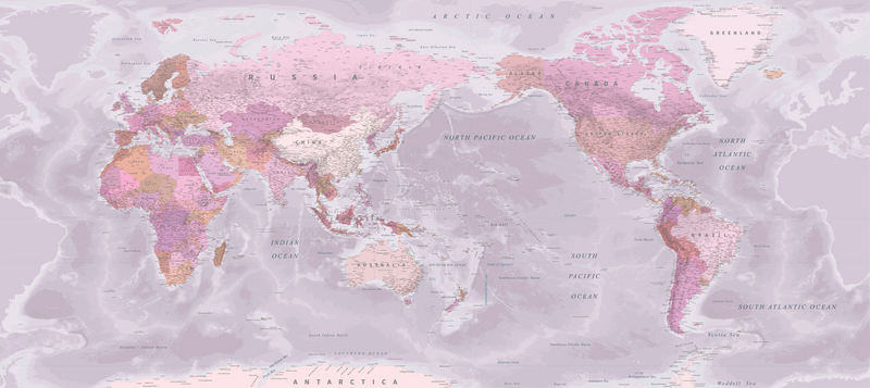 World Map NZ Centered - Pink - Custom Sized Wallpaper Mural