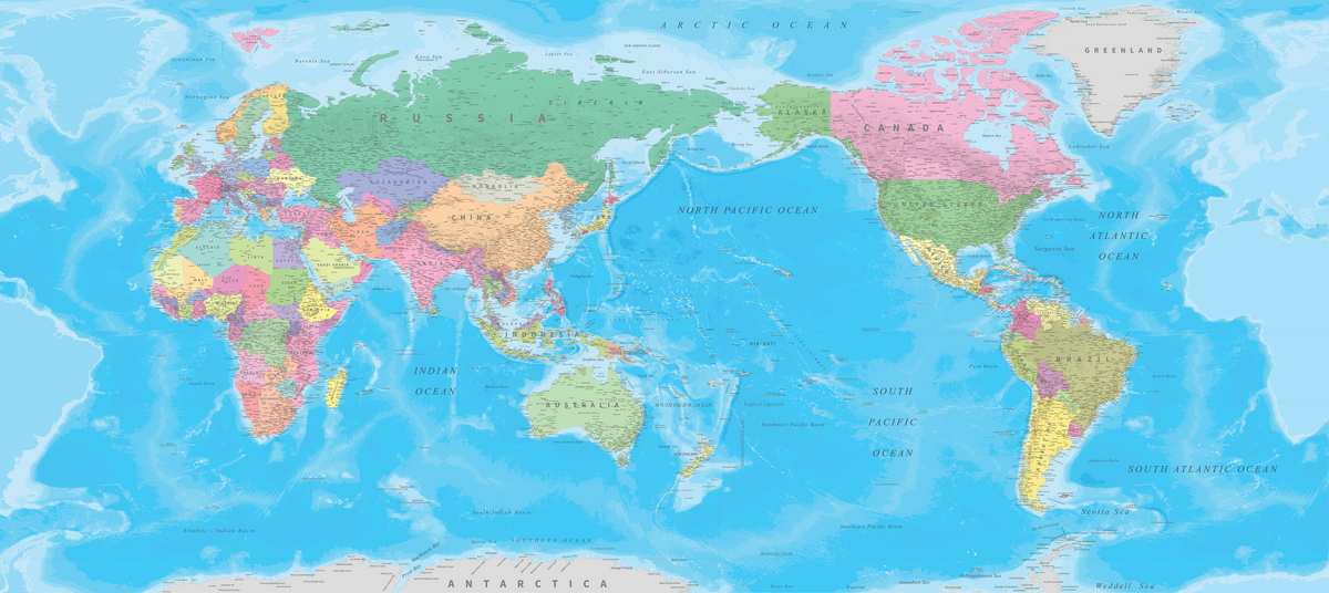 World Map NZ Centre - Traditional - Custom Sized Wallpaper Mural